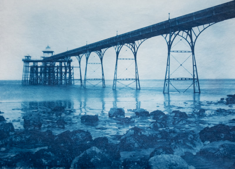 A picture of a Cyanotype print of Clevedon Pier produced on glass.